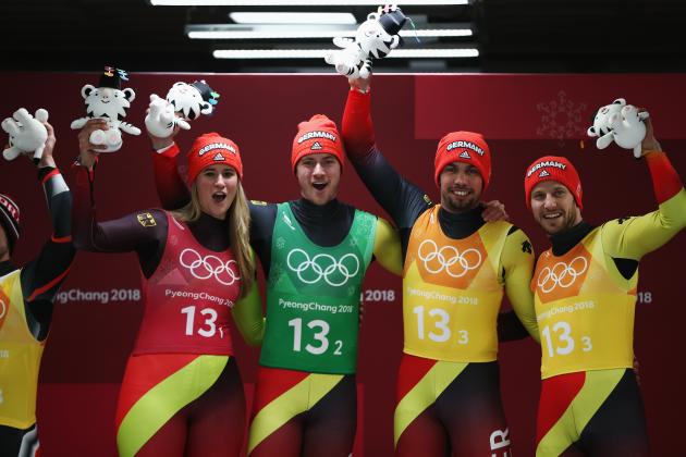 PYEONGCHANG-GUN, SOUTH KOREA - FEBRUARY 15: Natalie Geisenberger, Johannes Ludwig, Tobias Wendl and Tobias Arlt of Germany celebrate winning gold in the Luge Team Relay on day six of the PyeongChang 2018 Winter Olympic Games at Olympic Sliding Centre on February 15, 2018 in Pyeongchang-gun, South Korea. (Photo by Dan Istitene/Getty Images)