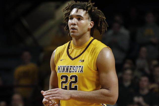 FILE - In this Jan. 3, 2018, file photo, Minnesota center Reggie Lynch plays against Illinois in the second half of an NCAA college basketball game in Minneapolis. Lynch faces suspension over an alleged violation of the school's sexual misconduct policy. The Minneapolis Star Tribune and the St. Paul Pioneer Press report that Lynch was accused last fall by a woman who said he assaulted her in his dorm room in April 2016. (AP Photo/Jim Mone, File)