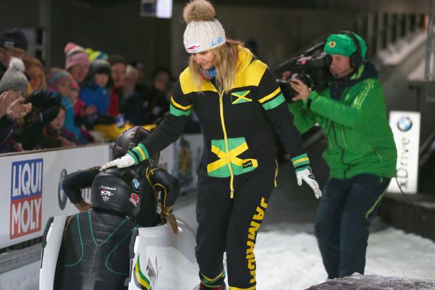 KOENIGSSEE, GERMANY - JANUARY 20: Sandra Kiriasis (C), head coach of team Jamaica reacts with her athletes Jazmine Fenlator-Victorian and Carrie Russell of Jamaica at Deutsche Post Eisarena Koenigssee after the BMW IBSF World Cup Women`s Bobsleigh World Cup on January 19, 2018 in Koenigssee, Germany. (Photo by Alexander Hassenstein/Getty Images For IBSF)