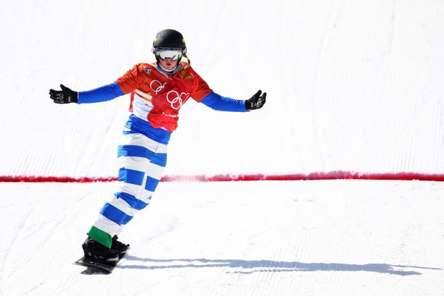 PYEONGCHANG-GUN, SOUTH KOREA - FEBRUARY 16:  Michela Moioli of Italy (red) celebrates winning the Ladies' Snowboard Cross Semifinal 2 on day seven of the PyeongChang 2018 Winter Olympic Games at Phoenix Snow Park on February 16, 2018 in Pyeongchang-gun, South Korea.  (Photo by Cameron Spencer/Getty Images)