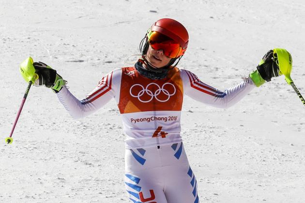 Mikaela Shiffrin, of the United States, reacts to her time during the second run of the women's slalom at the 2018 Winter Olympics in Pyeongchang, South Korea, Friday, Feb. 16, 2018. (AP Photo/Morry Gash)