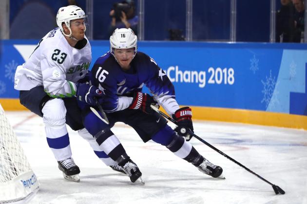 GANGNEUNG, SOUTH KOREA - FEBRUARY 14:  Ryan Donato #16 of the United States skates against Luka Vidmar #23 of Slovenia during the Men's Ice Hockey Preliminary Round Group B game on day five of the PyeongChang 2018 Winter Olympics at Kwandong Hockey Centre on February 14, 2018 in Gangneung, South Korea.  (Photo by Ronald Martinez/Getty Images)