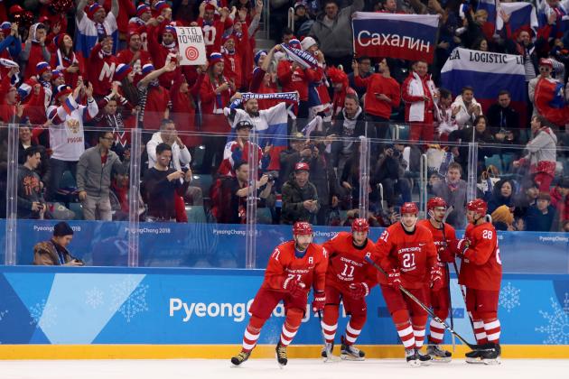 GANGNEUNG, SOUTH KOREA - FEBRUARY 16:  Ilya Kovalchuk #71 of Olympic Athlete from Russia celebrates with his teammates after scoring a goal against Luka Gracnar #40 of Slovenia in the second period during the Men's Ice Hockey Preliminary Round Group B game at Gangneung Hockey Centre on February 16, 2018 in Gangneung, South Korea.  (Photo by Jamie Squire/Getty Images)