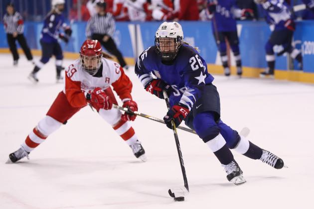 GANGNEUNG, SOUTH KOREA - FEBRUARY 13:  Kendall Coyne #26 of the United States skates against Yelena Dergachyova #59 of Olympic Athlete from Russia in the second period during the Women's Ice Hockey Preliminary Round - Group A game on day four of the PyeongChang 2018 Winter Olympic Games at Kwandong Hockey Centre on February 13, 2018 in Gangneung, South Korea.  (Photo by Ronald Martinez/Getty Images)