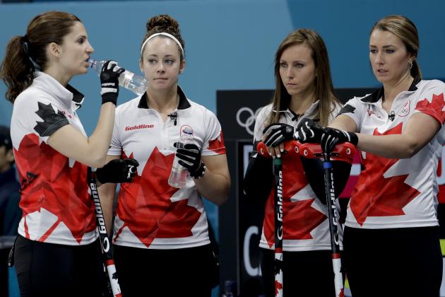 Canada's team take a rest during a women's curling match against Denmark at the 2018 Winter Olympics in Gangneung, South Korea, Friday, Feb. 16, 2018. (AP Photo/Natacha Pisarenko)