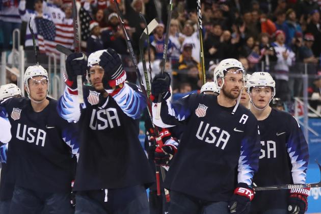 GANGNEUNG, SOUTH KOREA - FEBRUARY 16: The United States celebrate after defeating Slovakia 2-1 during the Men's Ice Hockey Preliminary Round Group B game at Gangneung Hockey Centre on February 16, 2018 in Gangneung, South Korea.  (Photo by Jamie Squire/Getty Images)