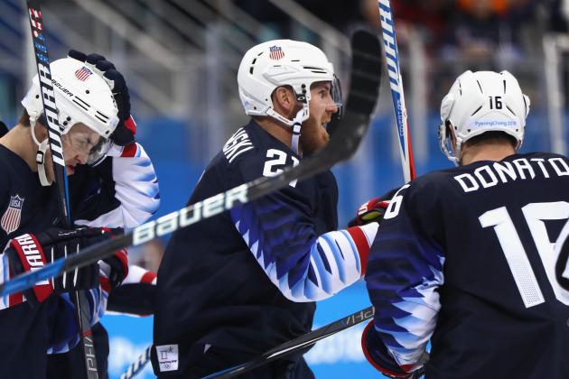 GANGNEUNG, SOUTH KOREA - FEBRUARY 16: Troy Terry #23 of the United States, James Wisniewski #21 of the United States and Ryan Donato #16 of the United States celebrate after Donato scores in the third period against Slovakia during the Men's Ice Hockey Preliminary Round Group B game at Gangneung Hockey Centre on February 16, 2018 in Gangneung, South Korea.  (Photo by Jamie Squire/Getty Images)