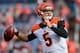 DENVER, CO - NOVEMBER 19: Quarterback AJ McCarron #5 of the Cincinnati Bengals throws as he warms up before a game against the Denver Broncos at Sports Authority Field at Mile High on November 19, 2017 in Denver, Colorado. (Photo by Dustin Bradford/Getty Images)