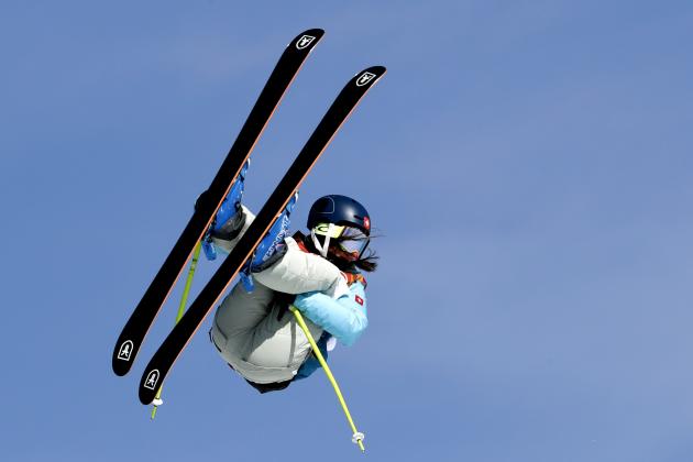 Sarah Hoefflin, of Switzerland, jumps during the women's slopestyle finals at Phoenix Snow Park at the 2018 Winter Olympics in Pyeongchang, South Korea, Saturday, Feb. 17, 2018. (AP Photo/Lee Jin-man)