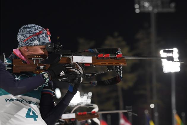 Slovakia's Anastasiya Kuzmina competes at the shooting range during the women's 12,5km mass start biathlon event during the Pyeongchang 2018 Winter Olympic Games on February 17, 2018, in Pyeongchang. / AFP PHOTO / Kirill KUDRYAVTSEV (Photo credit should read KIRILL KUDRYAVTSEV/AFP/Getty Images)
