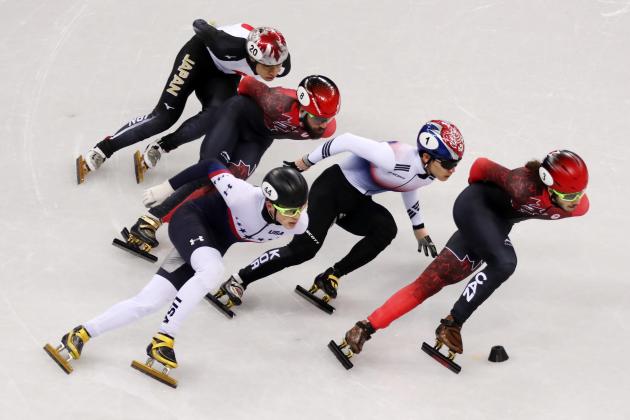 GANGNEUNG, SOUTH KOREA - FEBRUARY 17: John-Henry Krueger of the United States, Yira Seo of Korea, Charles Hamelin of Canada, Samuel Girard of Canada, Ryosuke Sakazume of Japan compete during the Short Track Speed Skating Men's1000m Semifinals on day eight of the PyeongChang 2018 Winter Olympic Games at Gangneung Ice Arena on February 17, 2018 in Gangneung, South Korea. (Photo by Richard Heathcote/Getty Images)