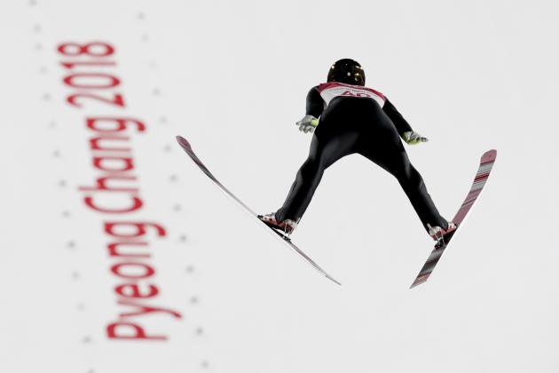 Andreas Stjernen, of Norway, soars through the air during men's large hill Individual ski jumping competition at the 2018 Winter Olympics in Pyeongchang, South Korea, Saturday, Feb. 17, 2018. (AP Photo/Dmitri Lovetsky)