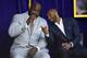 Shaquille O'Neal, left, and Kobe Bryant chat at the unveiling of his statue in front of Staples Center, Friday, March 24, 2017, in Los Angeles. (AP Photo/Mark J. Terrill)