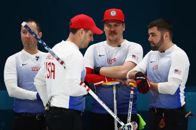 GANGNEUNG, SOUTH KOREA - FEBRUARY 16:  Matt Hamilton, George Tyler, John Shuster and John Landsteiner of the USA compete in the Curling Men's Round Robin Session 4  held at Gangneung Curling Centre on February 16, 2018 in Gangneung, South Korea.  (Photo by Dean Mouhtaropoulos/Getty Images)