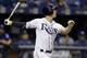 Tampa Bay Rays' Corey Dickerson watches his home run off Toronto Blue Jays relief pitcher Danny Barnes during the eighth inning of a baseball game Thursday, Aug. 24, 2017, in St. Petersburg, Fla. (AP Photo/Chris O'Meara)