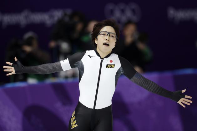 Japan's Nao Kodaira celebrates setting a new Olympic record in the women's 500 meters speedskating race at the Gangneung Oval at the 2018 Winter Olympics in Gangneung, South Korea, Sunday, Feb. 18, 2018. (AP Photo/Petr David Josek)