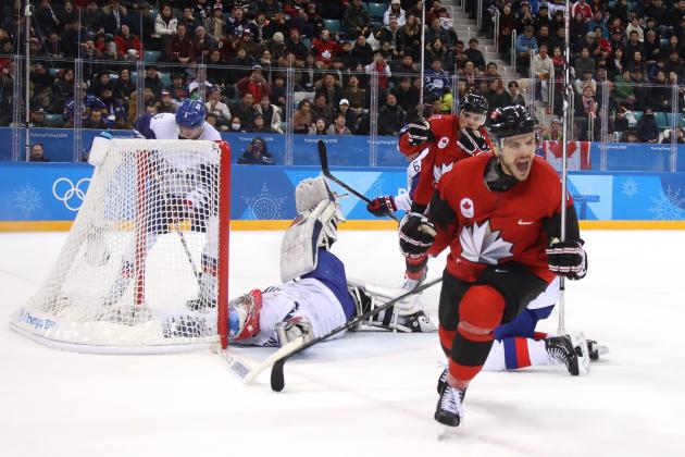 GANGNEUNG, SOUTH KOREA - FEBRUARY 18:  Gilbert Brule #7 of Canada celebrates after scoring a goal against Matt Dalton #1 of Korea in the third period during the Men's Ice Hockey Preliminary Round Group A game on day nine of the PyeongChang 2018 Winter Olympic Games at Gangneung Hockey Centre on February 18, 2018 in Gangneung, South Korea.  (Photo by Bruce Bennett/Getty Images)