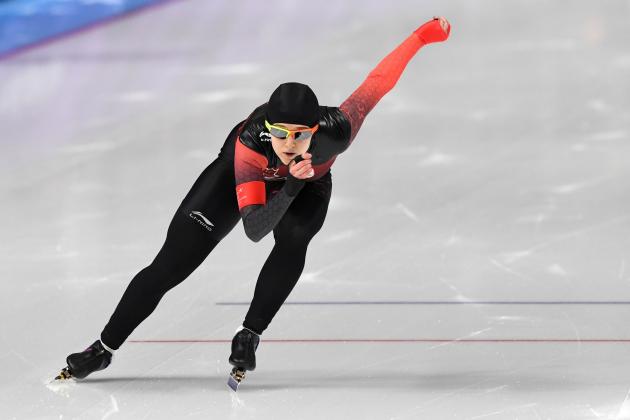 Canada's Marsha Hudey competes in the women's 500m speed skating event during the Pyeongchang 2018 Winter Olympic Games at the Gangneung Oval in Gangneung on February 18, 2018. / AFP PHOTO / Mladen ANTONOV (Photo credit should read MLADEN ANTONOV/AFP/Getty Images)