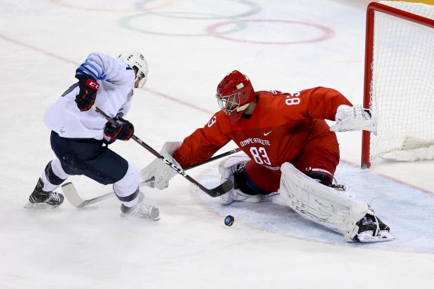 GANGNEUNG, SOUTH KOREA - FEBRUARY 17:  Bric Little of United States and Vasili Koshechkin of OAR during the Men's Ice Hockey Preliminary Round between USA and Olympic Athletes from Russia at Gangneung Hockey Centre on February 17, 2018 in Gangneung, South Korea. (Photo by Jean Catuffe/Getty Images)