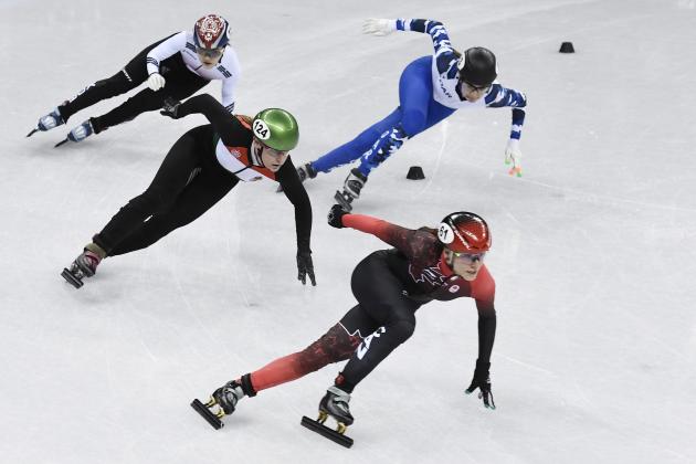Canada's Kasandra Bradette (front) takes part in the women's 3,000m relay short track speed skating heat event during the Pyeongchang 2018 Winter Olympic Games, at the Gangneung Ice Arena in Gangneung on February 10, 2018. / AFP PHOTO / ARIS MESSINIS        (Photo credit should read ARIS MESSINIS/AFP/Getty Images)