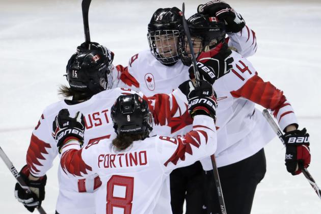 Marie-Philip Poulin (29), of Canada, celebrates with her teammates after scoring a goal against the team from Russia during the second period of the semifinal round of the women's hockey game at the 2018 Winter Olympics in Gangneung, South Korea, Monday, Feb. 19, 2018. (AP Photo/Julio Cortez)