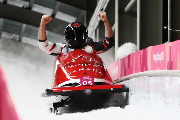 PYEONGCHANG-GUN, SOUTH KOREA - FEBRUARY 19: Justin Kripps and Alexander Kopacz of Canada celebrate as they win joint gold during the Men's 2-Man Bobsleigh on day 10 of the PyeongChang 2018 Winter Olympic Games at Olympic Sliding Centre on February 19, 2018 in Pyeongchang-gun, South Korea. (Photo by Alexander Hassenstein/Getty Images)