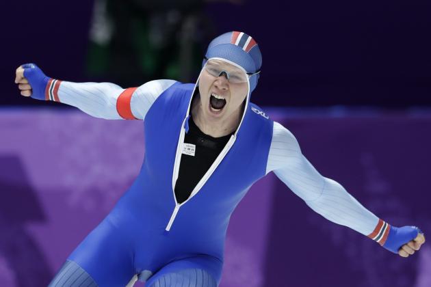 Gold medalist Havard Lorentzen of Norway celebrates setting a new Olympic record during the men's 500 meters speedskating race at the Gangneung Oval at the 2018 Winter Olympics in Gangneung, South Korea, Monday, Feb. 19, 2018. (AP Photo/Petr David Josek)