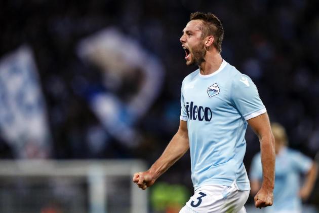 Lazio's Stefan de Vrij celebrates after scoring a goal during the Italian Serie A soccer match between Lazio and Napoli at the Olympic stadium in Rome, Italy, Wednesday, Sept. 20, 2017. (Angelo Carconi/ANSA via AP)