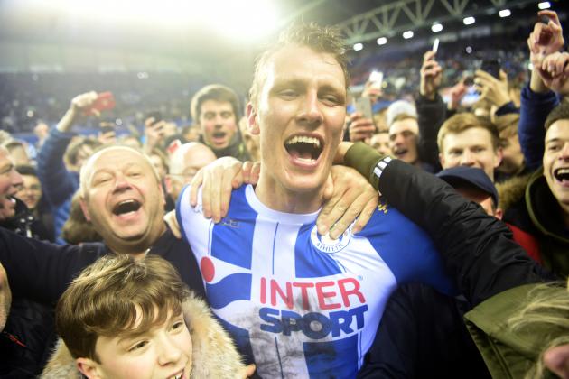 WIGAN, ENGLAND - FEBRUARY 19:  Dan Burn of Wigan Athletic celebrates after the Emirates FA Cup Fifth Round match between Wigan Athletic and Manchester City at DW Stadium on February 19, 2018 in Wigan, England.  (Photo by Michael Regan/Getty Images)