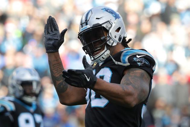 CHARLOTTE, NC - DECEMBER 24:  Julius Peppers #90 of the Carolina Panthers reacts after a play against the Tampa Bay Buccaneers during their game at Bank of America Stadium on December 24, 2017 in Charlotte, North Carolina.  (Photo by Streeter Lecka/Getty Images)