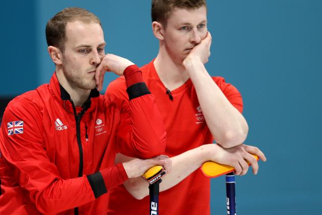 GANGNEUNG, SOUTH KOREA - FEBRUARY 19: Kyle Smith, left, and Thomas Muirhead of Great Britain looks on during Men's Round Robin Session 9 on day 10 of the PyeongChang 2018 Winter Olympic Games at Gangneung Curling Centre on February 19, 2018 in Pyeongchang-gun, South Korea. (Photo by Maddie Meyer/Getty Images)