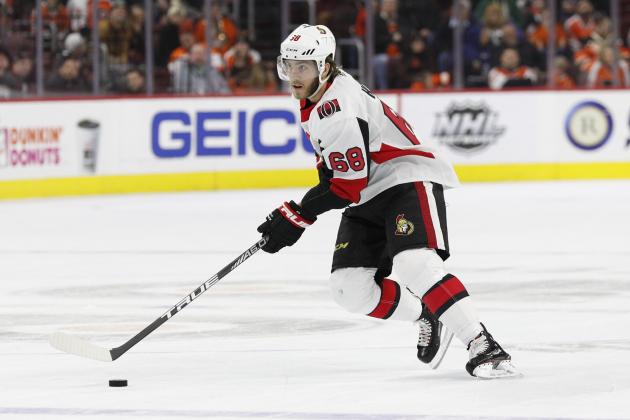 Ottawa Senators' Mike Hoffman in action during a shootout of an NHL hockey game against the Philadelphia Flyers, Saturday, Feb. 3, 2018, in Philadelphia. The Senators won 4-3 in a shootout. (AP Photo/Chris Szagola)