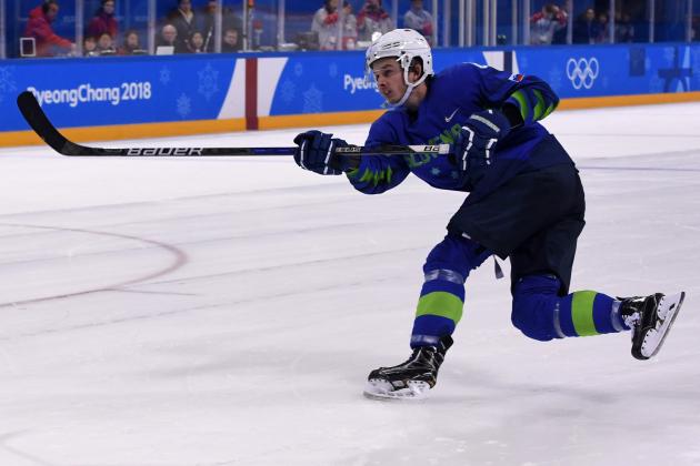In this photo taken on February 17, 2018  Slovenia's Ziga Jeglic scores the game-winning goal against Slovakia during a penalty-shot shootout in the men's preliminary round ice hockey match between Slovakia and Slovenia during the Pyeongchang 2018 Winter Olympic Games at the Kwandong Hockey Centre in Gangneung.  
Slovenian ice hockey player Ziga Jeglic failed a drugs test and has been suspended, the Court of Arbitration for Sport (CAS) said on February 20, 2018, becoming the third doping case at the Pyeongchang Olympics. / AFP PHOTO / JUNG Yeon-Je        (Photo credit should read JUNG YEON-JE/AFP/Getty Images)