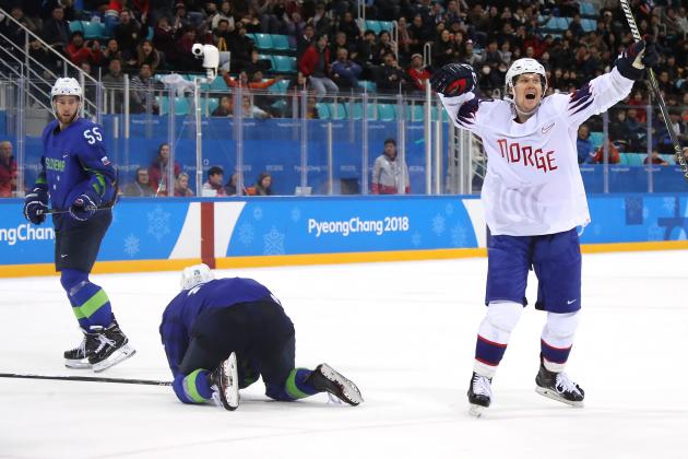 GANGNEUNG, SOUTH KOREA - FEBRUARY 20:  Alexander Bonsaksen #47 of Norway celebrates after scoring a game winning goal against Gasper Kroselj #32 of Slovenia in overtime of the Men's Play-offs Qualifications game on day eleven of the PyeongChang 2018 Winter Olympic Games at Gangneung Hockey Centre on February 20, 2018 in Gangneung, South Korea.  (Photo by Bruce Bennett/Getty Images)