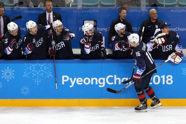 GANGNEUNG, SOUTH KOREA - FEBRUARY 16:  Ryan Donato #16 of the United States celebrates after scoring his second goal against Slovakia during the Men's Ice Hockey Preliminary Round Group B game at Gangneung Hockey Centre on February 16, 2018 in Gangneung, South Korea.  (Photo by Bruce Bennett/Getty Images)
