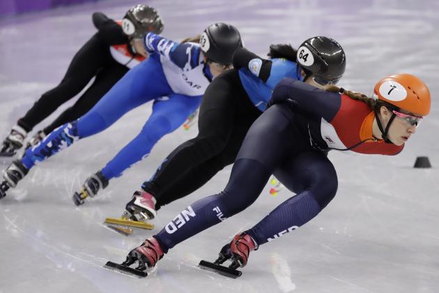 Suzanne Schulting of the Netherlands leads the field during their women's 1000 meters short track speedskating heat in the Gangneung Ice Arena at the 2018 Winter Olympics in Gangneung, South Korea, Tuesday, Feb. 20, 2018. (AP Photo/Aaron Favila)