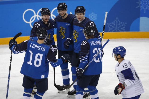 Petri Kontiola (27), of Finland, celebrates with his teammates after scoring a goal against South Korea during the first period of the qualification round of the men's hockey game at the 2018 Winter Olympics in Gangneung, South Korea, Tuesday, Feb. 20, 2018. (AP Photo/Jae C. Hong)