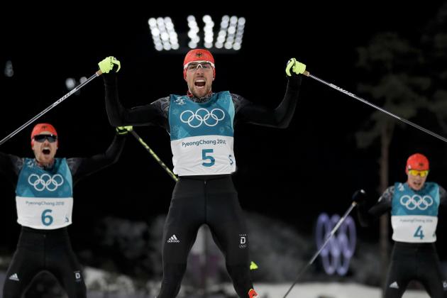 Johannes Rydzek, of Germany, celebrates after winning the gold medal in the men's 10km cross-country skiing competition during the nordic combined event at the 2018 Winter Olympics in Pyeongchang, South Korea, Tuesday, Feb. 20, 2018. (AP Photo/Kirsty Wigglesworth)