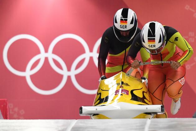 Germany's Mariama Jamanka (R) and Germany's Lisa Buckwitz compete in the women's bobsleigh heat 1 run during the Pyeongchang 2018 Winter Olympic Games, at the Olympic Sliding Centre on February 20, 2018 in Pyeongchang. / AFP PHOTO / Mark Ralston (Photo credit should read MARK RALSTON/AFP/Getty Images)