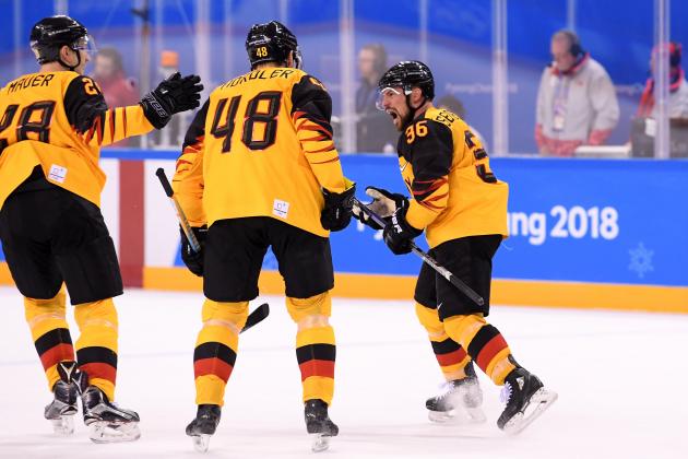 GANGNEUNG, SOUTH KOREA - FEBRUARY 20:  Yannic Seidenberg #36 of Germany celebrates scoring a goal in overtime to defeat Switzerland 2-1 during the Men's Ice Hockey Qualification Playoff game on day eleven of the PyeongChang 2018 Winter Olympic Games at Kwandong Hockey Centre on February 20, 2018 in Gangneung, South Korea.  (Photo by Harry How/Getty Images)