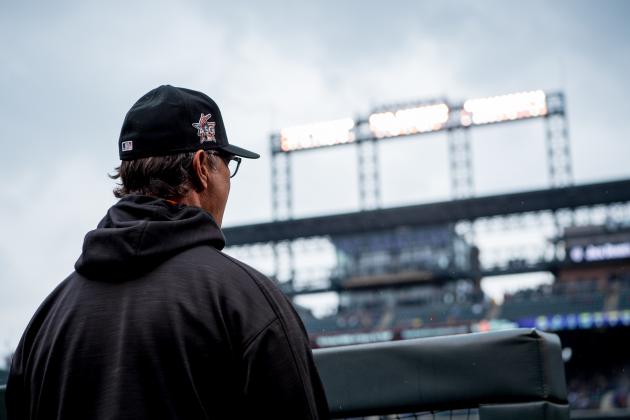 DENVER, CO - SEPTEMBER 27: Manager Don Mattingly #8 of the Miami Marlins looks on from the dugout during the game against the Colorado Rockies at Coors Field on September 27, 2017 in Denver, Colorado. (Photo by Rob Foldy/Miami Marlins via Getty Images)