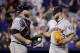 Houston Astros starting pitcher Lance McCullers Jr. talks to catcher Brian McCann after giving up the first hit of the baseball game by the Kansas City Royals, during the seventh inning Thursday, June 8, 2017, in Kansas City, Mo. (AP Photo/Charlie Riedel)
