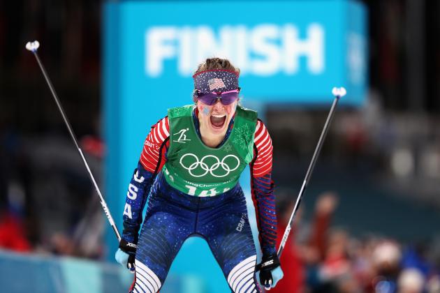 PYEONGCHANG-GUN, SOUTH KOREA - FEBRUARY 21: Jessica Diggins of the United States celebrates as she crosses the line to win gold during the Cross Country Ladies' Team Sprint Free Final on day 12 of the PyeongChang 2018 Winter Olympic Games at Alpensia Cross-Country Centre on February 21, 2018 in Pyeongchang-gun, South Korea. (Photo by Lars Baron/Getty Images)
