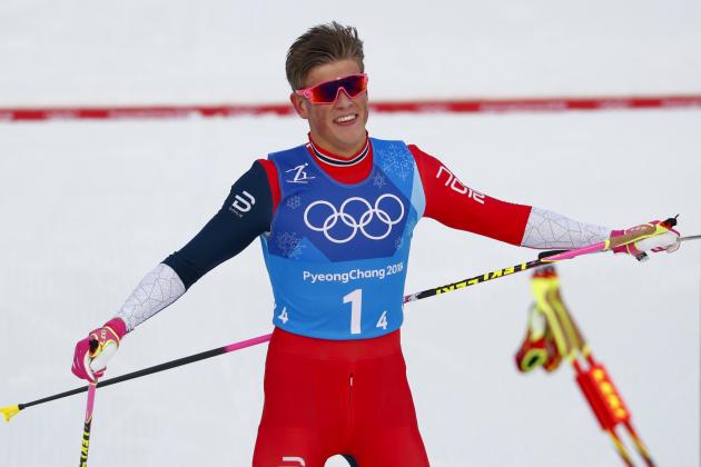 Johannes Hoesflot Klaebo, of Norway, celebrates after winning the the gold medal in the men's 4 x 10km relay cross-country skiing competition at the 2018 Winter Olympics in Pyeongchang, South Korea, Sunday, Feb. 18, 2018. (AP Photo/Matthias Schrader)