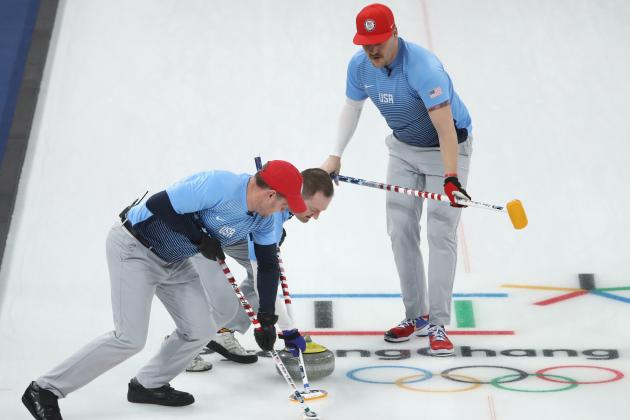 GANGNEUNG, SOUTH KOREA - FEBRUARY 16: John Shuster, Tyler George and Matt Hamilton of the United States compete in the Curling Men's Round Robin Session 5 held at Gangneung Curling Centre on February 16, 2018 in Gangneung, South Korea.  (Photo by Robert Cianflone/Getty Images)