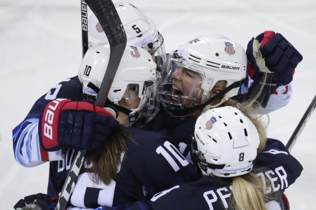 Gigi Marvin (19), of the United States, celebrates with her teammates after scoring a goal against Finland during the first period of the semifinal round of the women's hockey game at the 2018 Winter Olympics in Gangneung, South Korea, Monday, Feb. 19, 2018. (AP Photo/Julio Cortez)