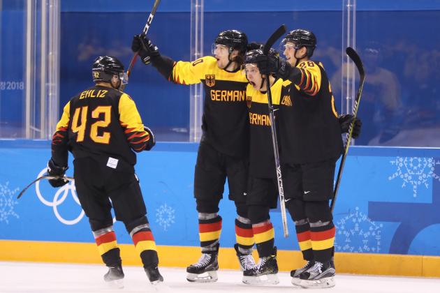 GANGNEUNG, SOUTH KOREA - FEBRUARY 21:  Team Germany reacts after scoring a goal on Sweden during the Men's Play-offs Quarterfinals game on day twelve of the PyeongChang 2018 Winter Olympic Games at Kwandong Hockey Centre on February 21, 2018 in Gangneung, South Korea.  (Photo by Jamie Squire/Getty Images)