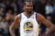 Golden State Warriors forward Kevin Durant (35) in the second half of an NBA basketball game Saturday, Feb. 3, 2018, in Denver. The Nuggets won 115-108. (AP Photo/David Zalubowski)