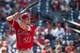 WASHINGTON, DC - AUGUST 16: Mike Trout #27 of the Los Angeles Angels of Anaheim hits against the Washington Nationals in the ninth inning during a game at Nationals Park on August 16, 2017 in Washington, DC. (Photo by Patrick McDermott/Getty Images)