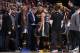 PORTLAND, OR - FEBRUARY 14: Golden State Warriors huddle during the game against the Portland Trail Blazers on February 14, 2018 at the Moda Center Arena in Portland, Oregon. NOTE TO USER: User expressly acknowledges and agrees that, by downloading and or using this photograph, user is consenting to the terms and conditions of the Getty Images License Agreement. Mandatory Copyright Notice: Copyright 2018 NBAE (Photo by Sam Forencich/NBAE via Getty Images)